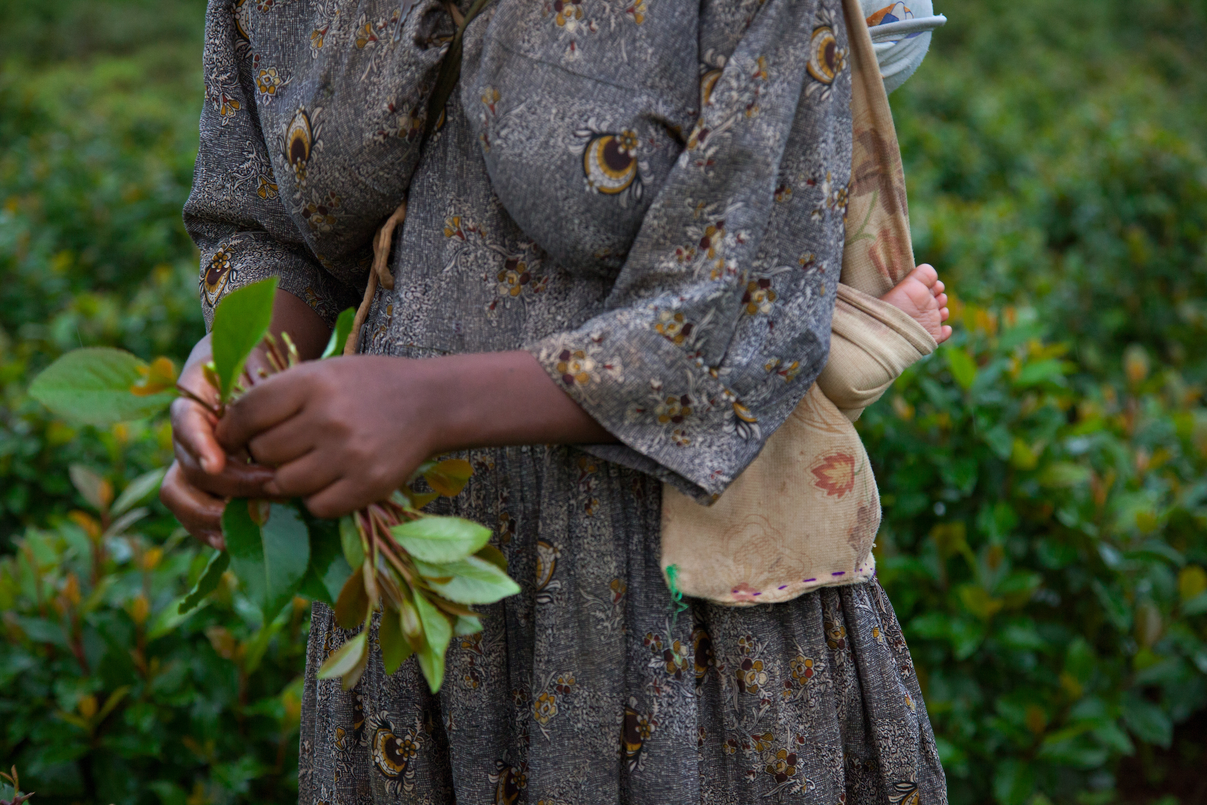 Fifteen-year-old Destaye attends to the family’s crops with her son in tow.